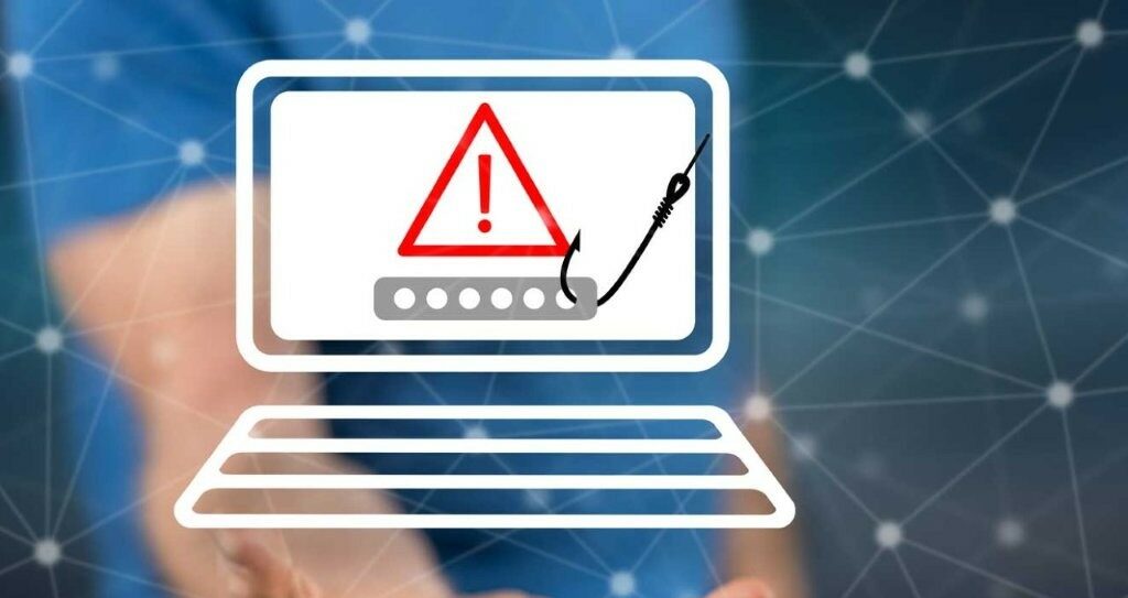 Warnschild mit Angelhaken symbolisiert Warnung vor Betrug und Phishing