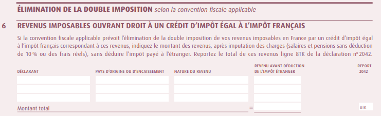 Capture d'écran du formulaire 2047 pour la déclaration des revenus encaissés à étranger de l'administration fiscale française.