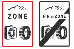 Französische Verkehrsschilder zur Kennzeichnung der Winterreifenpflicht
