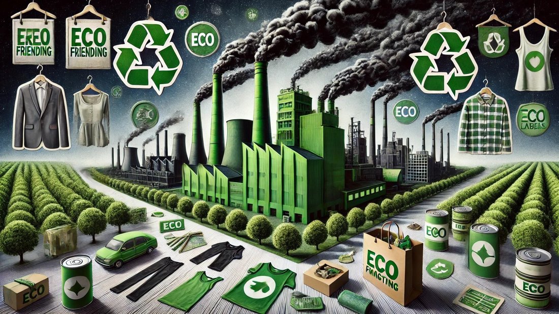 Eine grüne Fabrik, inmitten vieler Eco-Labels und grüner Waren, als Symbol für Greenwashing