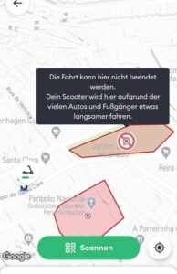 Screenshot der Bolt-App zeigt Fahrverbote für E-Scooter