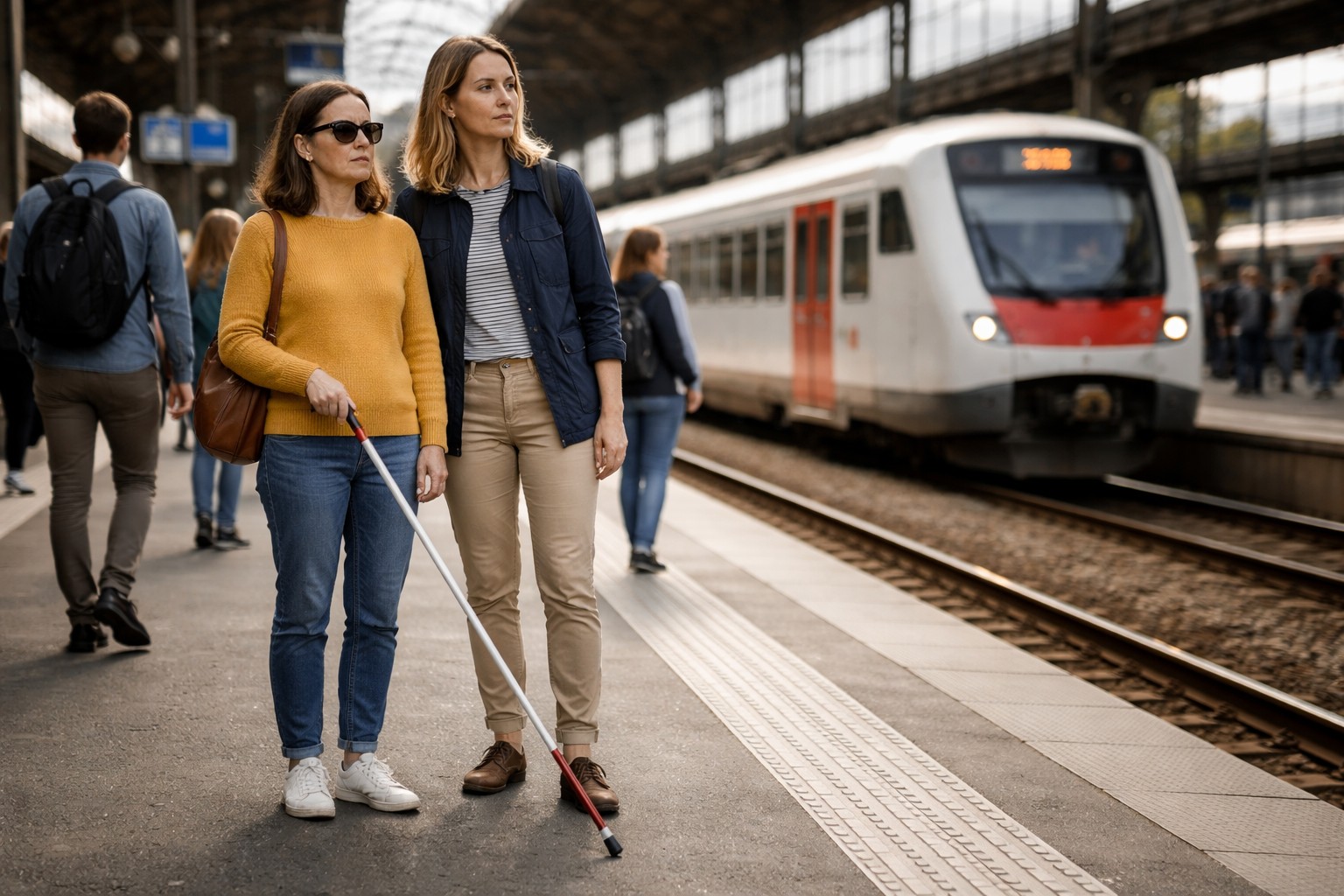 Eine blinde Frau steht mit ihrer Begleitperson am Bahnsteig und wartet auf den Zug.