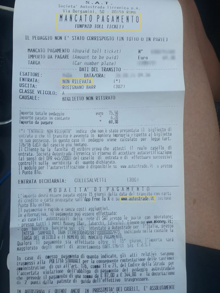 Beleg „Mancato pagamento“ nach fehlgeschlagener Zahlung an einer italienischen Mautstation.