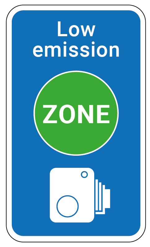 Straßenschild weist auf die Low Emission Zone (LEZ) in London hin.
